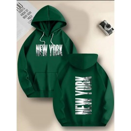 Men's New York Letter Print Hoodie & Matching Sweatsuit Set - Oversized Plus Size Winter Warmth, Distressed NYC Skyline Print Hooded Jacket & Pants, Machine Washable Casual Sportswear, Loose Fit Layered Outfit (New York Themed Apparel), PLUS SIZE