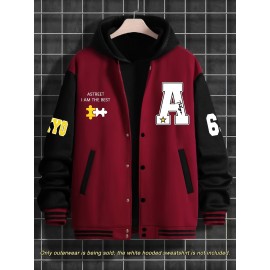 Men's Large Size Baseball Jacket A-69 Letter Print (A for Alpha, 69 for Number 6 & 9) - Plus Size Outerwear with Snap Closure & Pockets, Machine-Washable Polyester Spring/Fall Winter Casual Wear - Christmas Gift for Big & Tall Men, PLUS SIZE