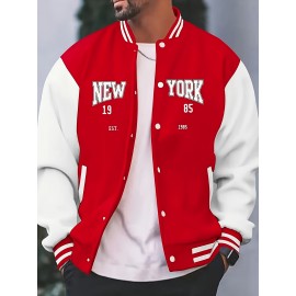 Men's Large Size Vintage New York Lettering & Numbered Baseball Jacket - Two-Tone Button College Style Snapback Coat, Retro Streetwear Outerwear with Pockets (Machine Washable, Spring/Fall Casual Wear) - Christmas Gift for NY Fans, PLUS SIZE
