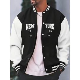 Men's Large Size Vintage New York Lettering & Numbered Baseball Jacket - Two-Tone Button College Style Snapback Coat, Retro Streetwear Outerwear with Pockets (Machine Washable, Spring/Fall Casual Wear) - Christmas Gift for NY Fans, PLUS SIZE