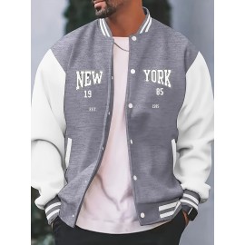 Men's Large Size Vintage New York Lettering & Numbered Baseball Jacket - Two-Tone Button College Style Snapback Coat, Retro Streetwear Outerwear with Pockets (Machine Washable, Spring/Fall Casual Wear) - Christmas Gift for NY Fans, PLUS SIZE