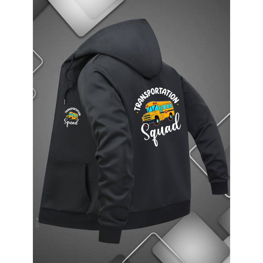 Men'S Casual Full-Zip Hooded Jacket with Transportation Squad Graphic Print, School Bus & Taxi Design, Softshell Zipper Closure, Drawstring Hood & Pockets - Urban Streetwear Outerwear for Everyday (No Lining, Regular Fit), Plus Size
