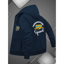 Men'S Casual Full-Zip Hooded Jacket with Transportation Squad Graphic Print, School Bus & Taxi Design, Softshell Zipper Closure, Drawstring Hood & Pockets - Urban Streetwear Outerwear for Everyday (No Lining, Regular Fit), Plus Size