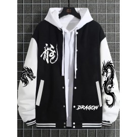 Men's Plus Size Dragon Print Baseball Batting Jacket - Wrinkle-Resistant Polyester Winter Coat with Snap Button Closure, Dragon Pattern (Dragons can be /), Casual Outerwear for Christmas Gifts for Big & Tall Men, PLUS SIZE